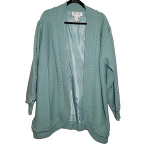 Vintage Maurada Open Front Cardigan Sweater 2X Pearl Detail Mint/Teal Acrylic